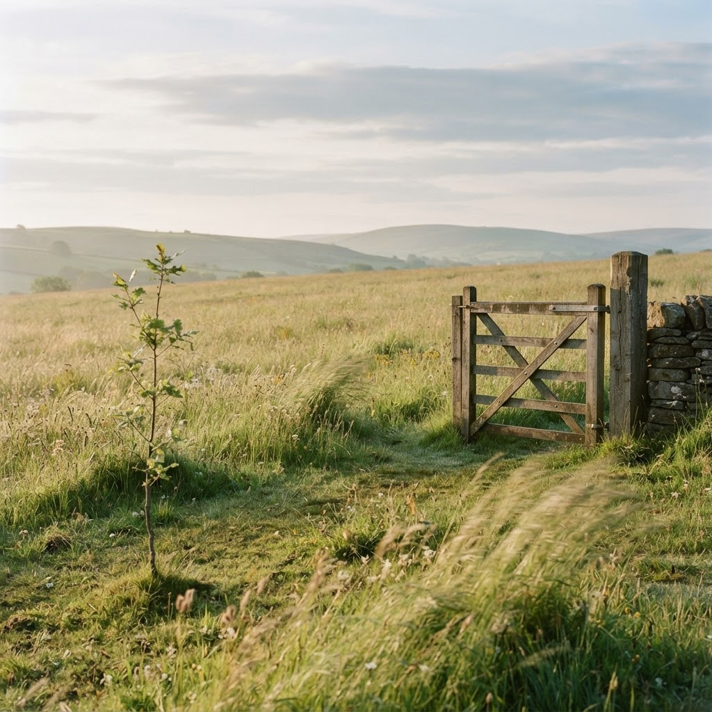 A young sapling beside a wooden gate in a sunlit meadow